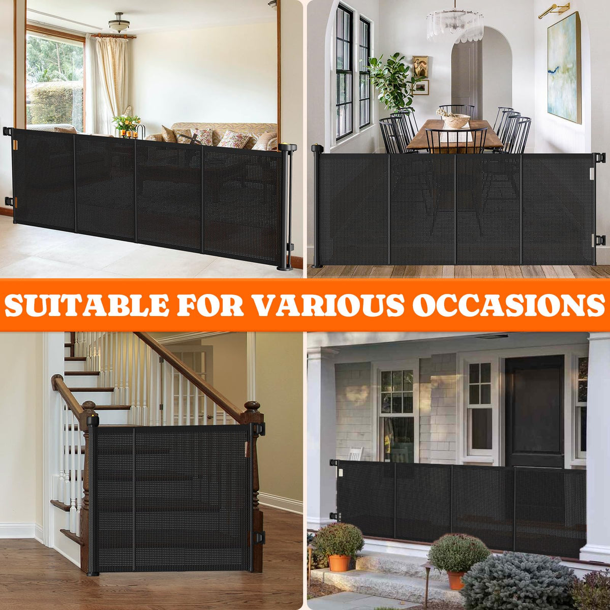 Pawtners Retractable Baby Gates Extra Wide, 41" Tall Extends up to 200" Wide, Dog Gate Indoor for Stairs, Pet Gate with Support Rods for Doorways Hallways Garage Indoor & Outdoor-Black