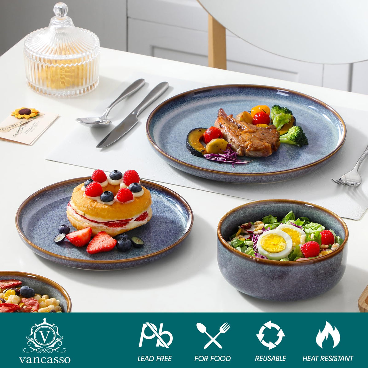 vancasso PLAYA Plates and Bowls Sets, 24 Pieces Grey-Blue Dinnerware Sets for Kitchen, Reactive Glaze Dishes Set for 8, Dishwasher and Microwave Safe