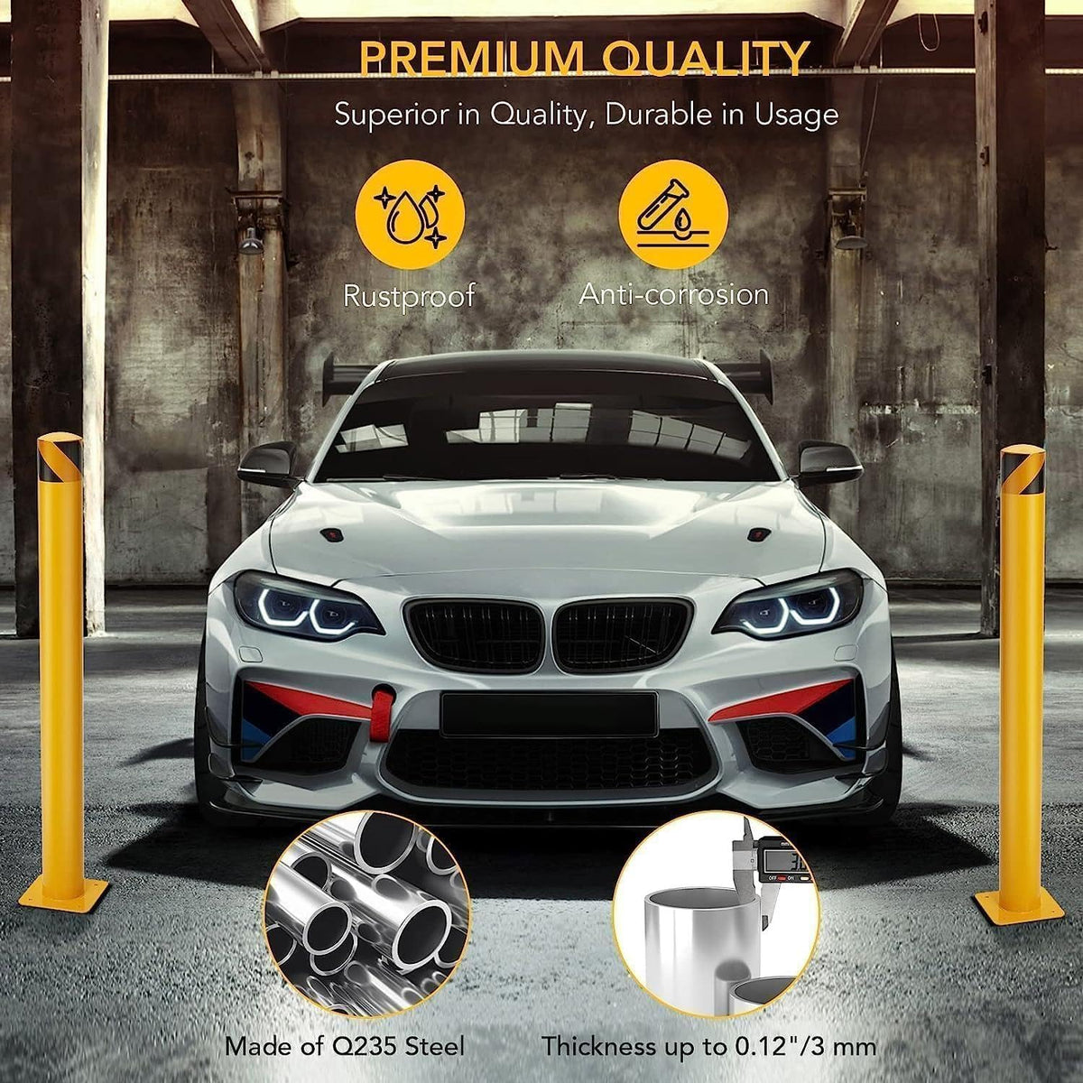 6-Pack 36 Inch Steel Safety Bollards, 4.5 Inch Diameter Parking Bollard Post with 24 Anchor Bolts, Yellow Safety Steel Bollard Post for Driveway Barrier, Traffic Control & Storefront Protection