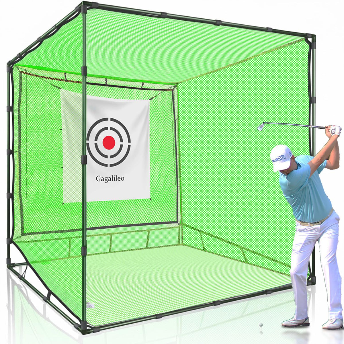 Gagalileo Golf Driving Cage Net: Heavy Duty 1 in Steel Frame - Noise Reduction Target for Backyard Garage Indoor Simulator - 10x10x10 FT High Density Hitting Swing Practice with Bottom