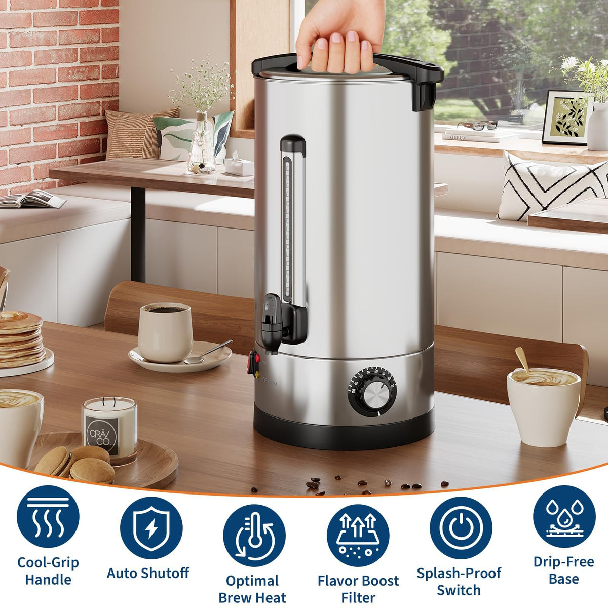 Sunvasagoo 110 Cups Double Wall Insulated Commercial Coffee Urn, 16L / 4.2 Gal Stainless Steel Hot Beverage Dispenser with Auto Temperature Control for Catering & Buffets, Silver