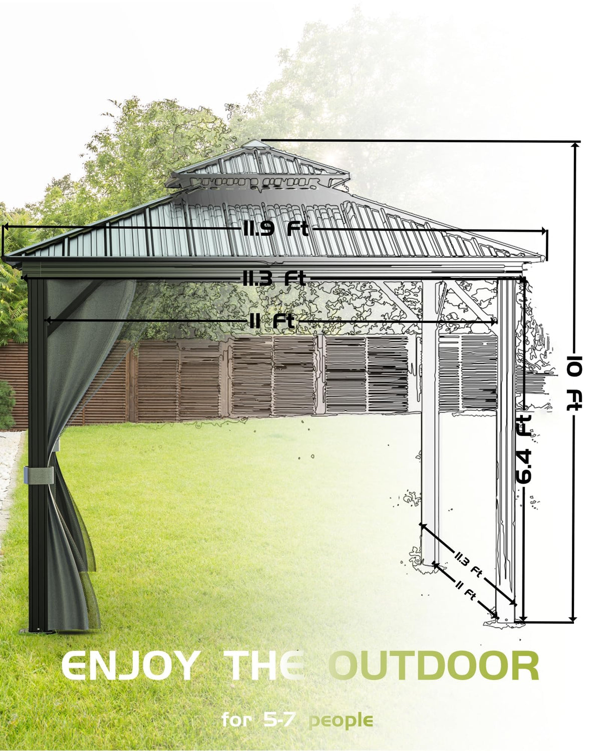 12'X12' Permanent Hardtop Gazebo, Aluminum Frame with Double Galvanized Steel Roof, Outdoor Patio Pavilion with Curtains & Netting for Backyard, Deck – Gray