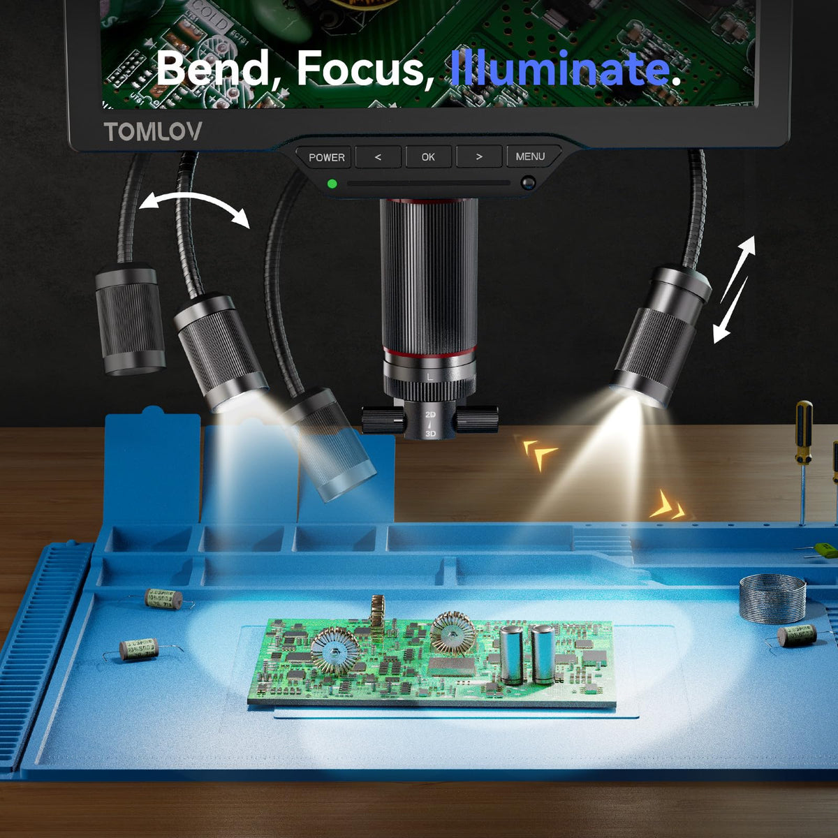 TOMLOV 3D Digital Microscope for Soldering: Magnetic Dual Lens Micro Scope TM3K-3D for Adult, Coin Microscope with Flex Arm, 3K 7-Inch IPS Screen, HDMI/USB Output, Gooseneck Light, Repair Mat, 16GB
