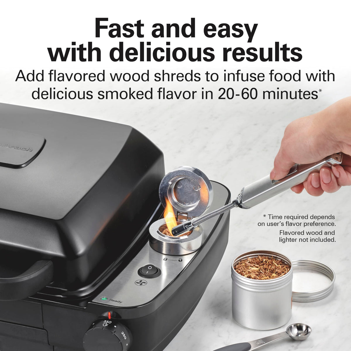 Hamilton Beach Electric Indoor Grill with Hot and Cold Smoke Infuser, 150°F - 450°F Temperature Control For Searing, Vented Hood and Fan, 116 Sq. In. Non-Stick Cooking Surface, Black (25375)