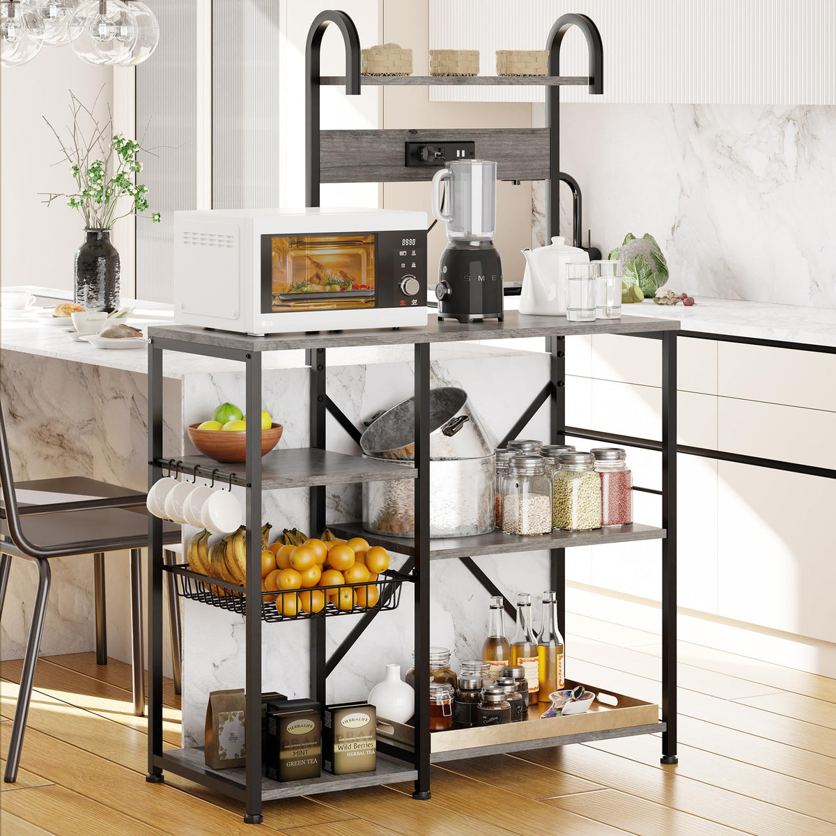 Shintenchi Kitchen Bakers Rack with Power Outlet, Multifunctional Organizer & Storage with 6 Hooks, Microwave Oven Stand, and Coffee Station Shelf, Grey