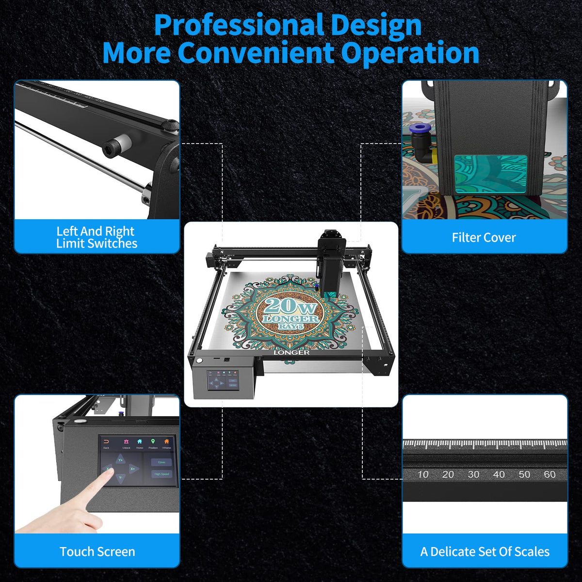 LONGER RAY5 130W Laser Engraver, 20W Output CNC Laser Cutter DIY Laser Engraving Machine, Exclusive 3.5" Touch Screen for DIY, Cutting Tool for Metal Colorizing, Wood, Acrylic, Leather, Glass