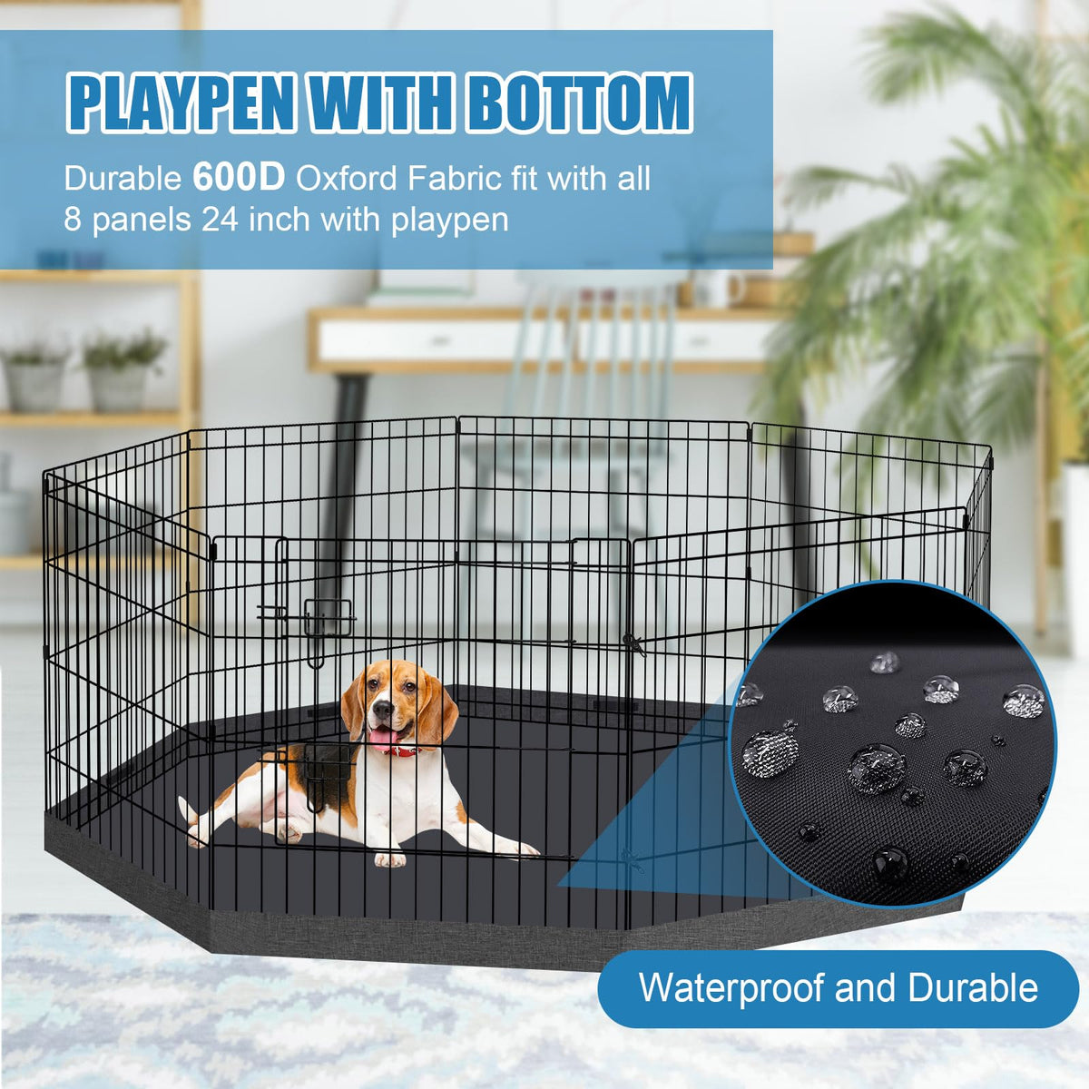 Foldable Metal Wire Dog Pen Pet Playpen Dog Fence Indoor Exercise Pen Enclosure Indoor Outdoor with Bottom Pad and Top Cover (Black 24 top Bottom Cover)
