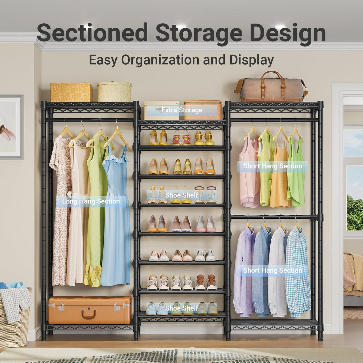 VIPEK S3 Heavy Duty Garment Rack Freestanding Clothes Rack Closet Storage Organizer Large Wardrobe with 8-Tier Shoe Rack, Hanging Rod, Adjustable Shelf, 68.9" L x 15.7" W x 76.4" H, Black