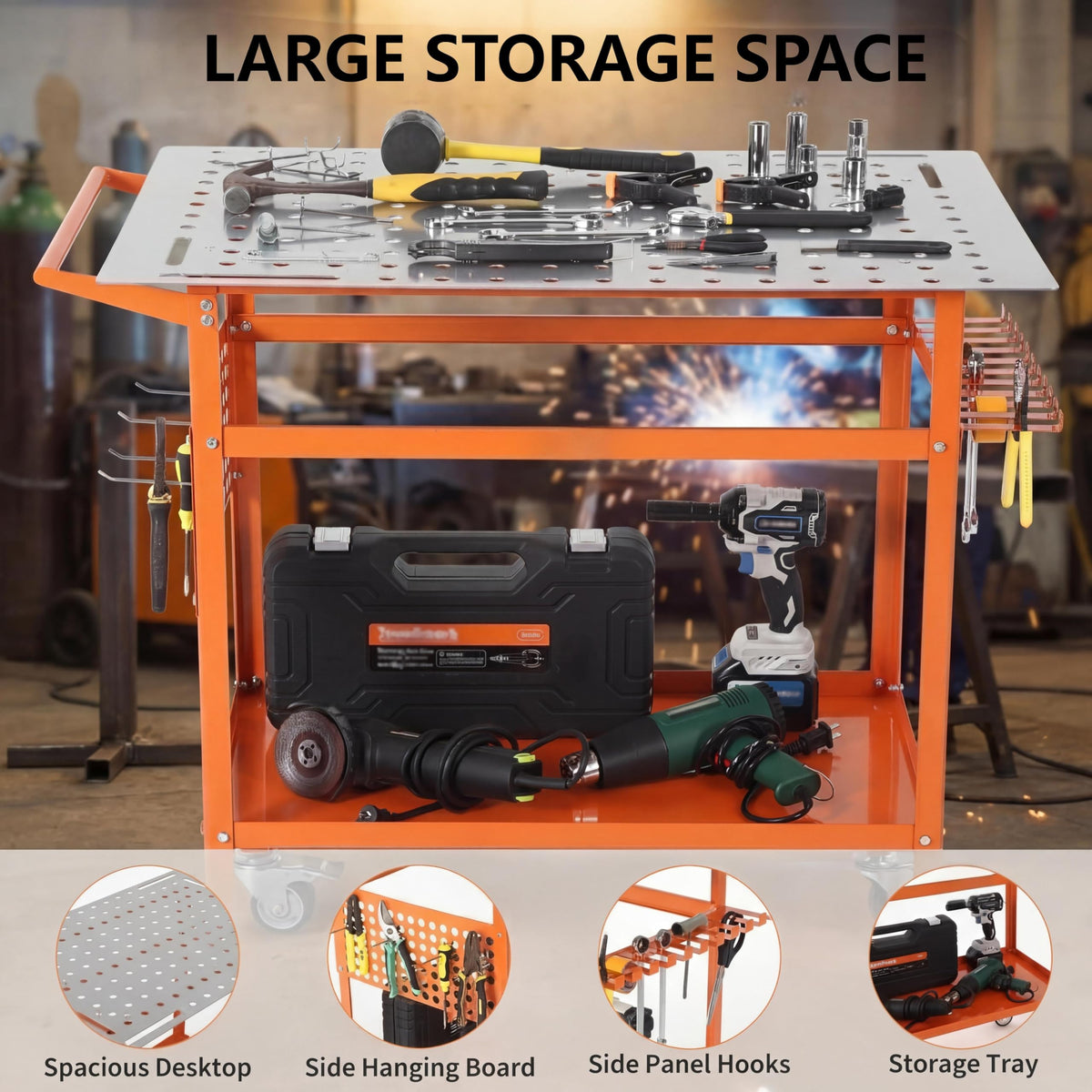 Welding Table, 36" x 24" Portable Welding Workbench, 800LBS Movable Garage Work Bench with 4 Wheels (2 with Brake) & 4 Leveling Feet, Double-Layer Storage Side Pegboard and Hooks