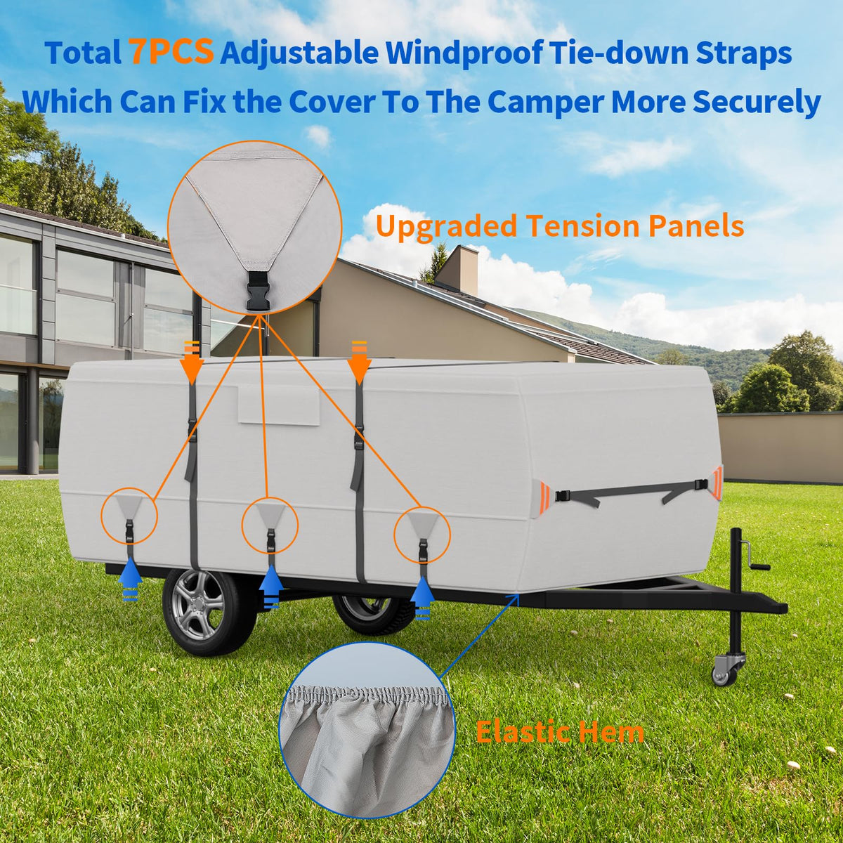 True 900D Oxford Tearproof Anti-Scratch Pop Up Camper Tent Trailer Cover 100% Waterproof Anti-UV Folding Camping Trailer RV Cover with 7 PCS Reinforced Windproof Straps for Motorhome (Gray, 14'-16')