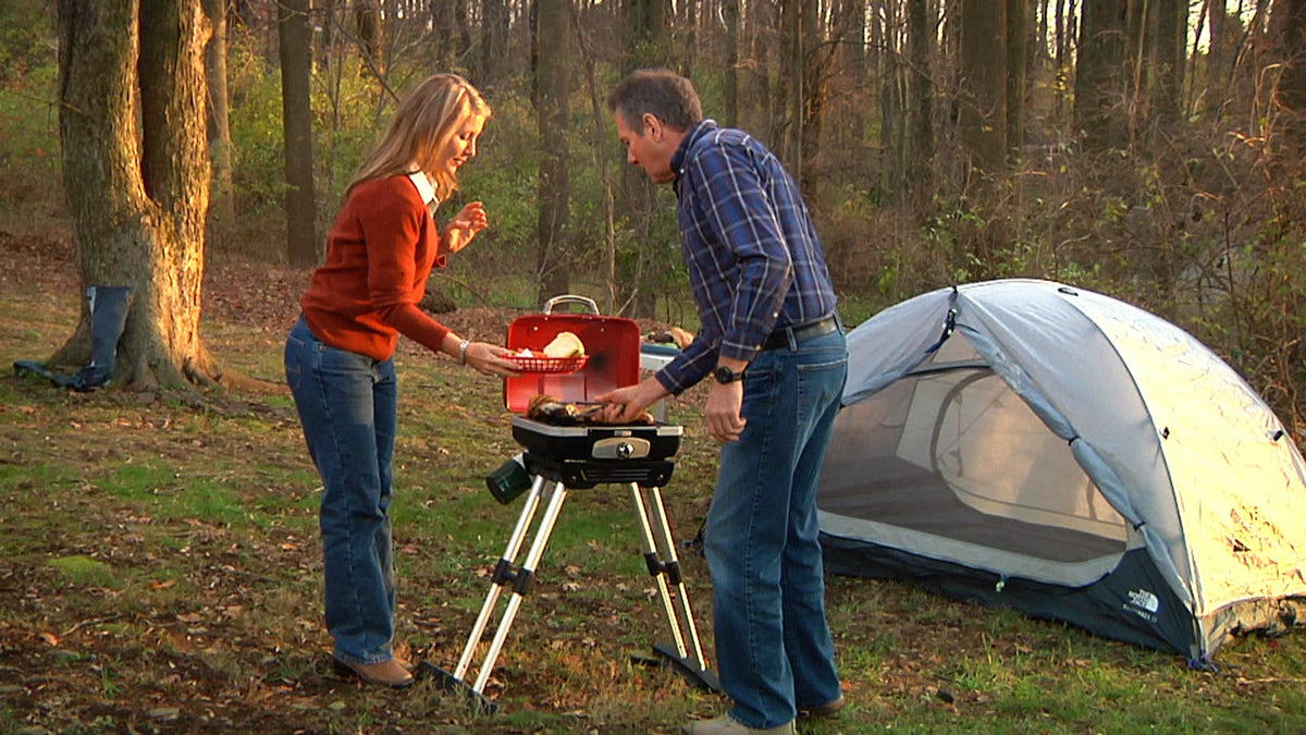 Cuisinart Petite Gourmet Portable Gas Grill with VersaStand, Compact Portable Grill Propane, 150 Sq. In. Cooking Surface, 5,500 BTU Burner Small Gas Grills for Camping, BBQ, Adjustable Base, Handles