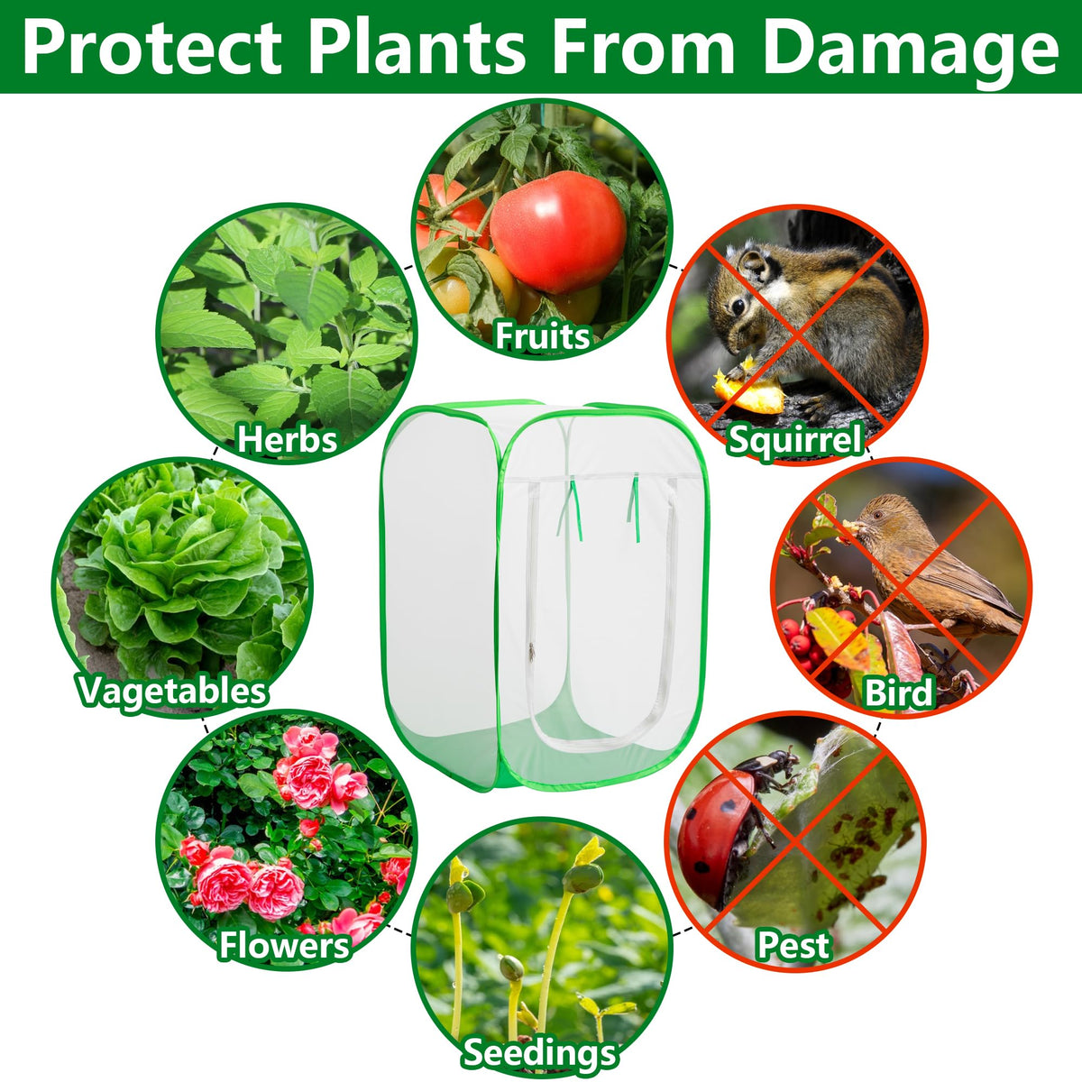 24" x 24" x 36" Pop Up Garden Mesh Plant Cover, Plant Protectors Mesh Plant Enclosure, Garden Net Cage Pest Protection Guard Tent with Storage Bag for Protect Plant Vegetable Fruit from Birds Insects