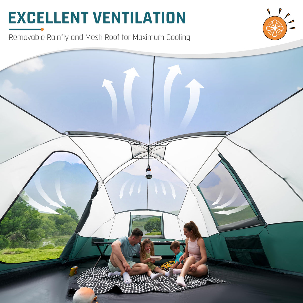 11 Person Camping Tent with Porch, Large Family Tents for Camping, PU1000MM Waterproof Tent with 5 Mesh Windows, Removable Rainfly, Reflective Windproof Rope, Big Dome Tent Fits 3 Queen Airbeds