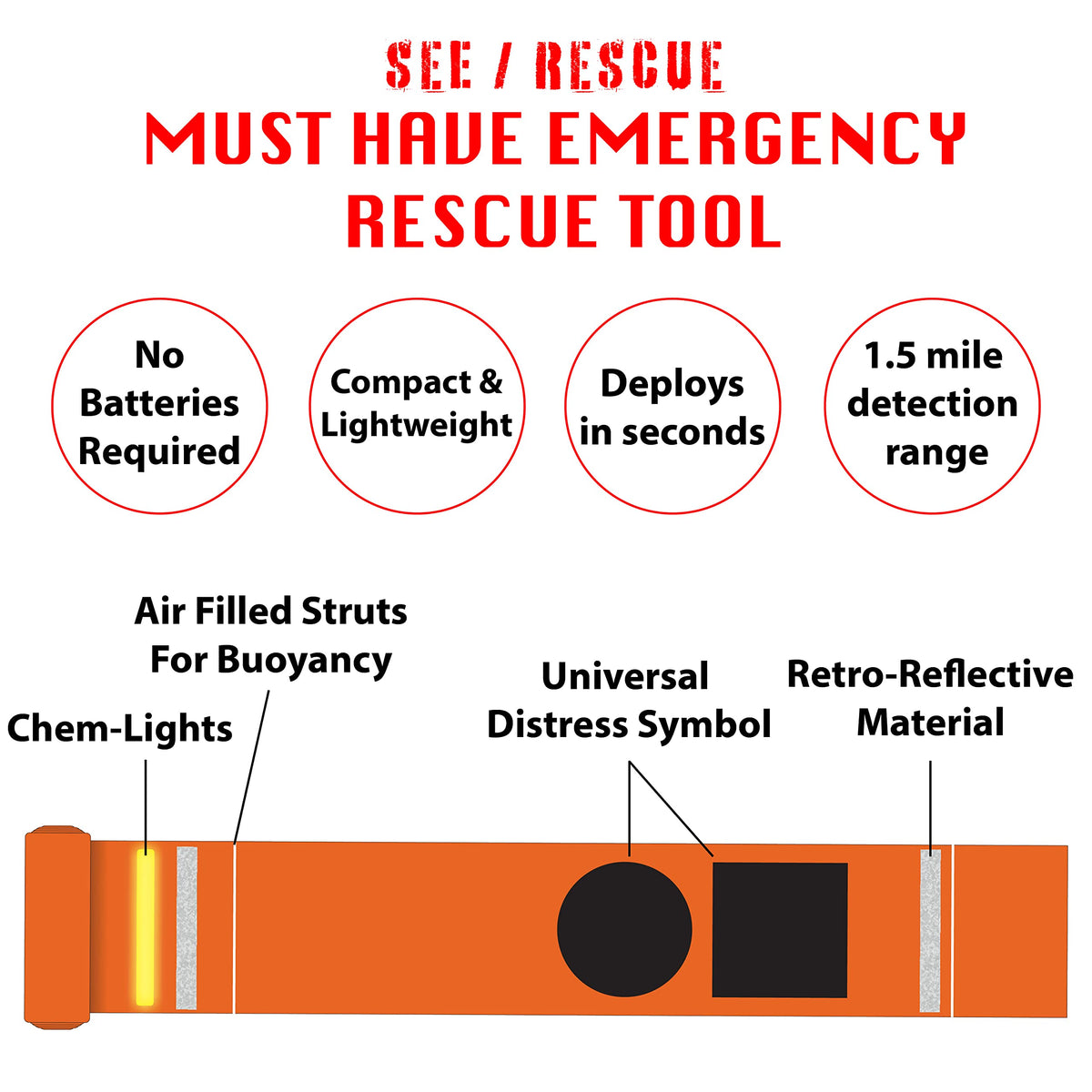 SEE/RESCUE Streamer Survival Tool - The Easy to Use, Portable Rescue Device to Use on Land, Sea, or Snow, Day or Night When Lost or Stranded to Provide Continuous Visibility, Personal Lighted Streamer