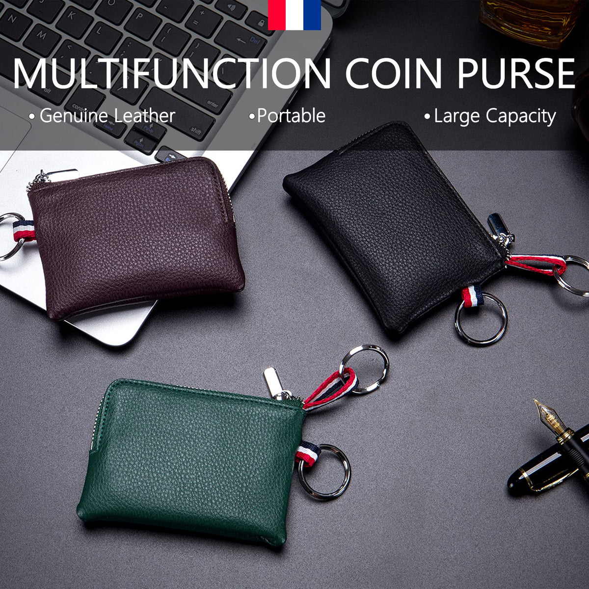 Plinvo Mini Genuine Leather Wallet Coin Purse with Dual Keyrings Compact Change Pouch and Card Holder for Men and Women (Dark green)
