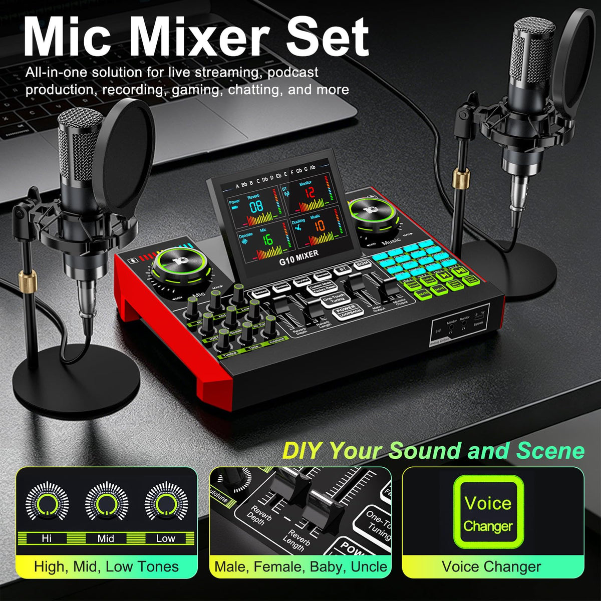 tenlamp G10 Dual Microphone Podcast Equipment Bundle with Live Sound Board Audio Mixer - Two Condenser Mics, Voice Changer, Noise Reduction, for PC/Phone Streaming, Gaming, Singing, Podcast