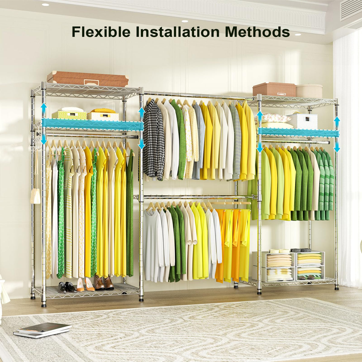 Ulif E1 Heavy Duty Closet Garment Rack, 6 Tiers Adjustable Metal Freestanding Expandable Clothing Storage with 4 Hanger Rods, Easy to Assemble Wardrobe, 71.4" H x (70" - 88.2") L x 14" D, Chrome