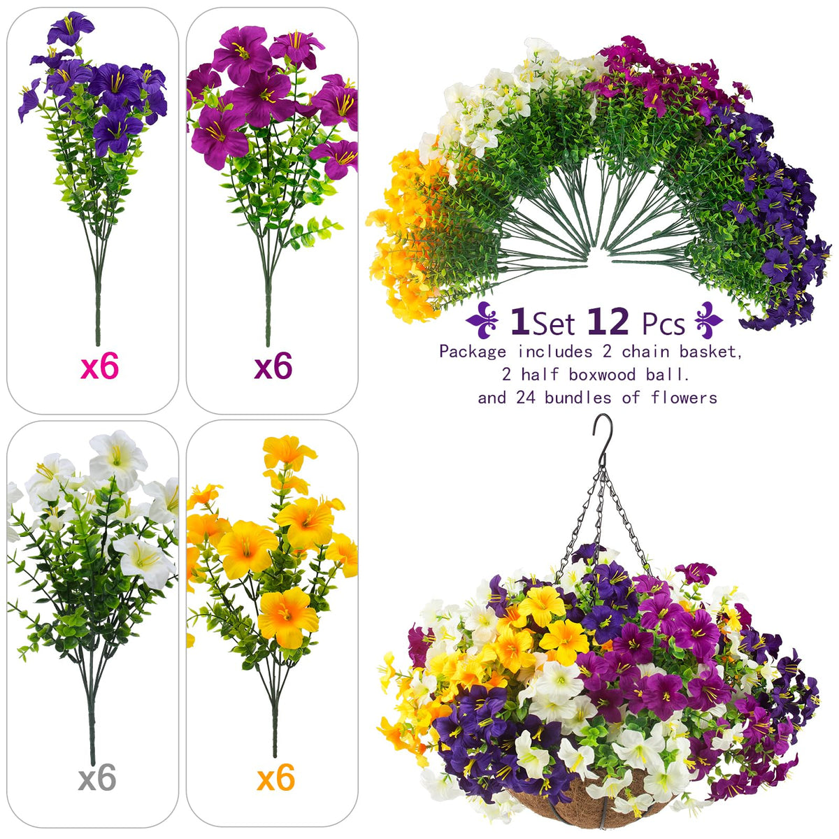 2 Set Artificial Outdoor Flowers with Hanging Baskets,24 Pcs UV Resistant Faux Petunias Flowers with Hanging Planter for Front Door Porch Spring Outside Decor (2, White,Yellow,Purple,RedViolet)