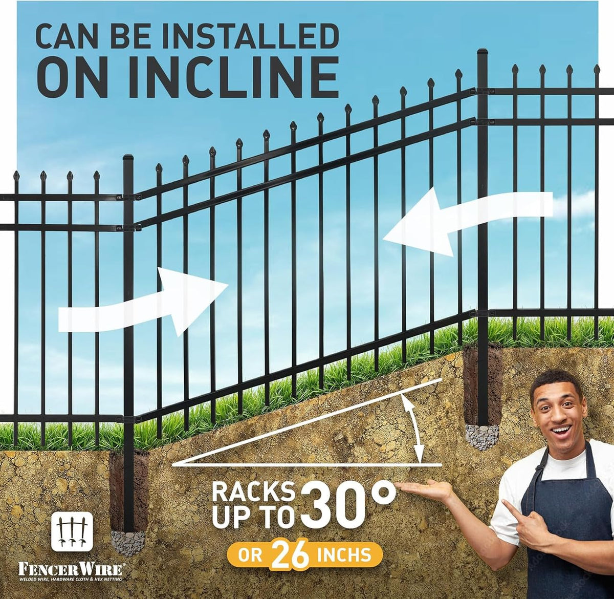 Fencer Wire 100FT Heavy Duty Flat Top Fence Barrier Kit, Anti-Rust Metal Steel Fence with 6FT Height X 6FT Width Panels, with Arched Gate, Posts, Connectors, Outdoor Fencing for Yard