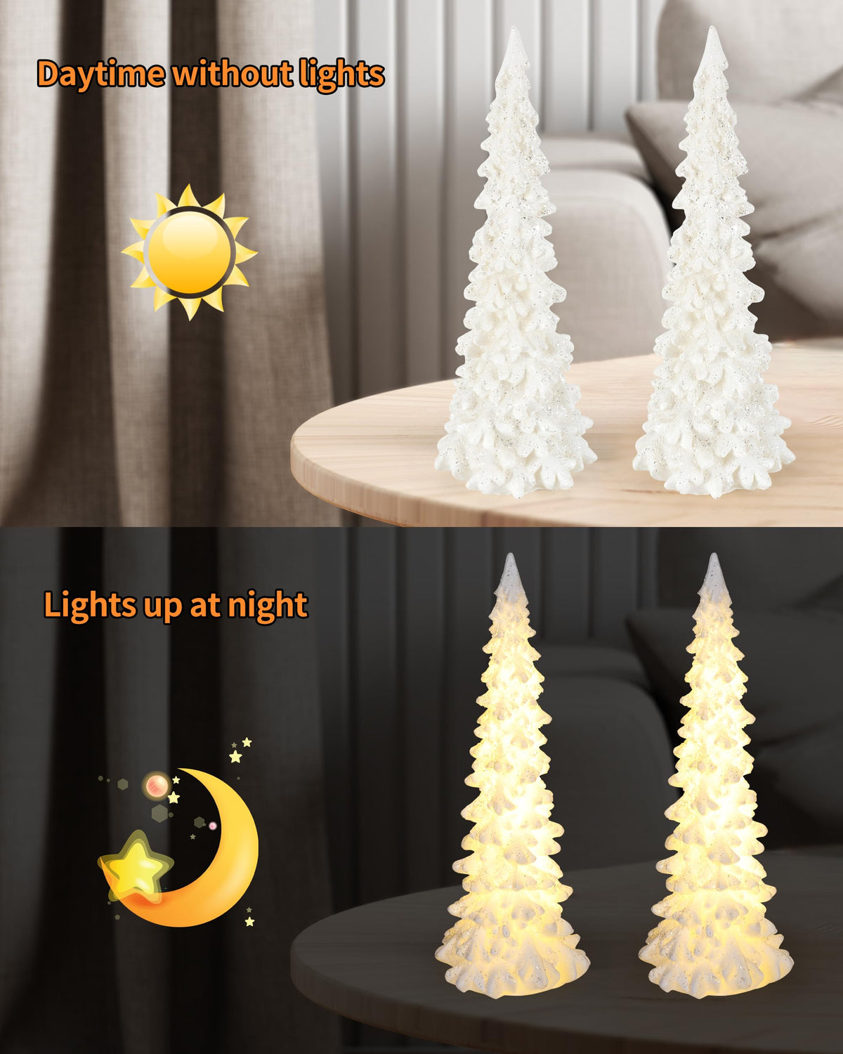 iStatue Tabletop Christmas Tree Decoration 8.3'' Tall - Set of 2 Mini White Resin LED Trees with Intricate Details Figurines - Indoor Holiday Decor and Xmas Gift (Trees)