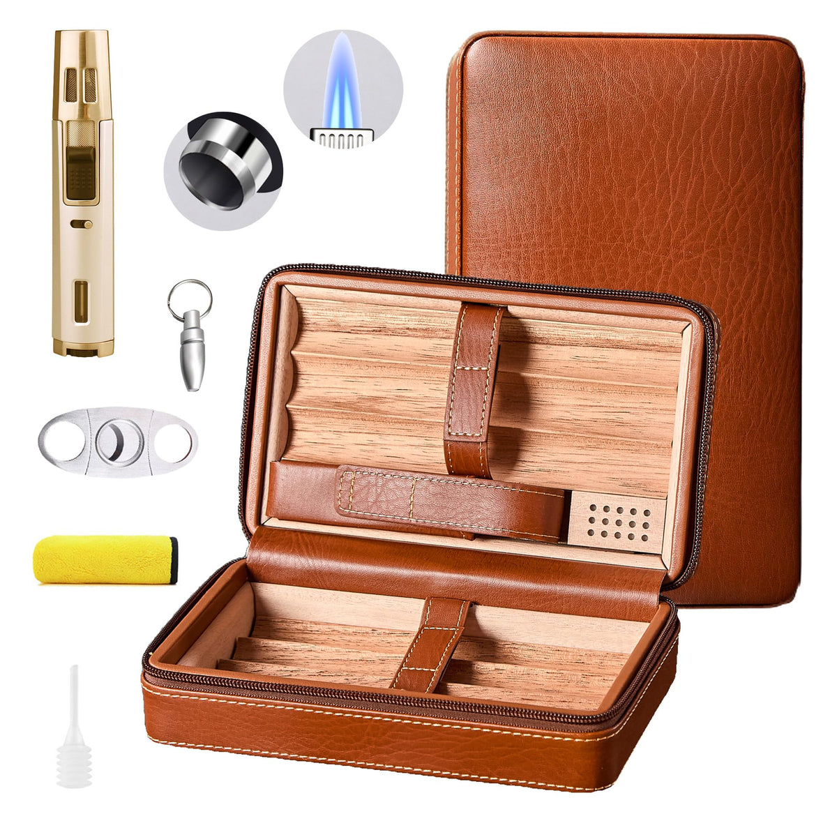 WANTHER Leather Cigar Case, Travel Humidor Holds 7 Cigars, Brown Cedar Wood Box with Cigar Cutter, Humidifier, Lighter & Towel, Portable Cigar Holder for Men, Ideal for Home, Office & Travel Gift Set