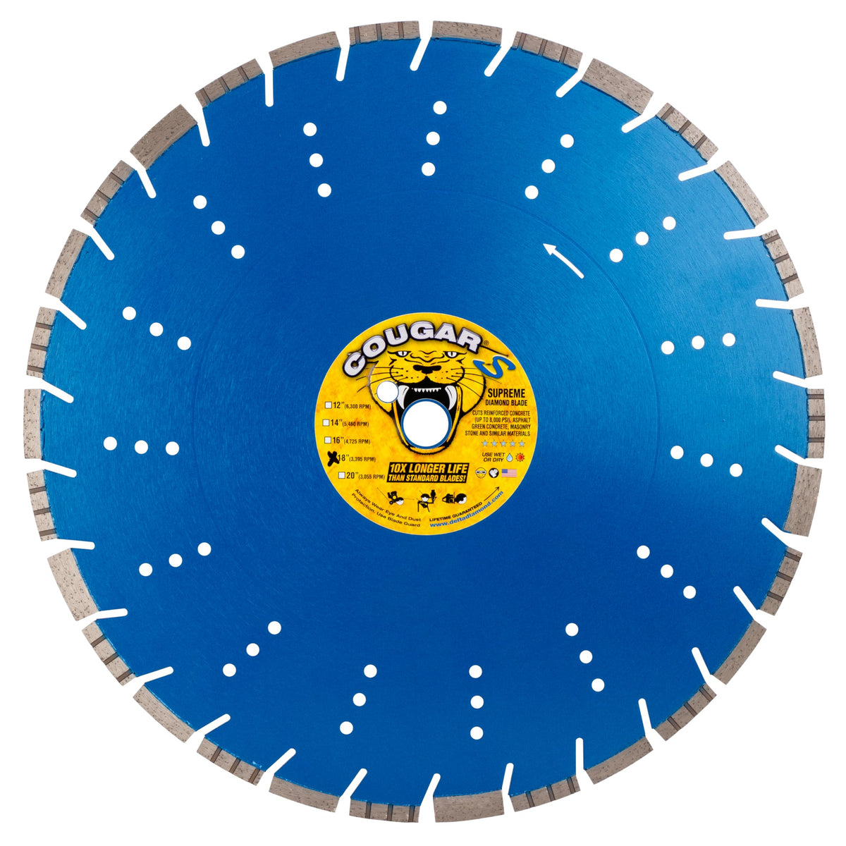 Cougar S 18 Inch Concrete Diamond Blade, Supreme Segmented Blade, Dry/Wet Fast Cutting High-PSI Concrete, Asphalt, Green Concrete, Stone, 1" Arbor