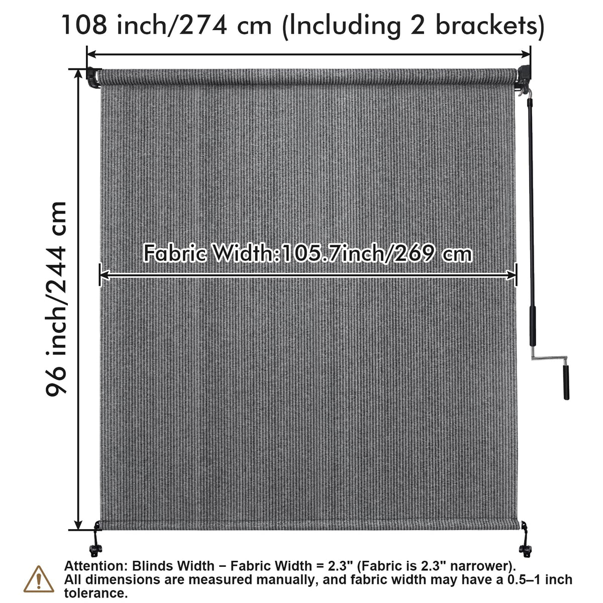 Artpuch Outdoor Roller Shade 9' W x 8' H, Gray Exterior Cordless Patio Shades Roll Up Blinds with Spliced Pole Design, One-Piece Fabric