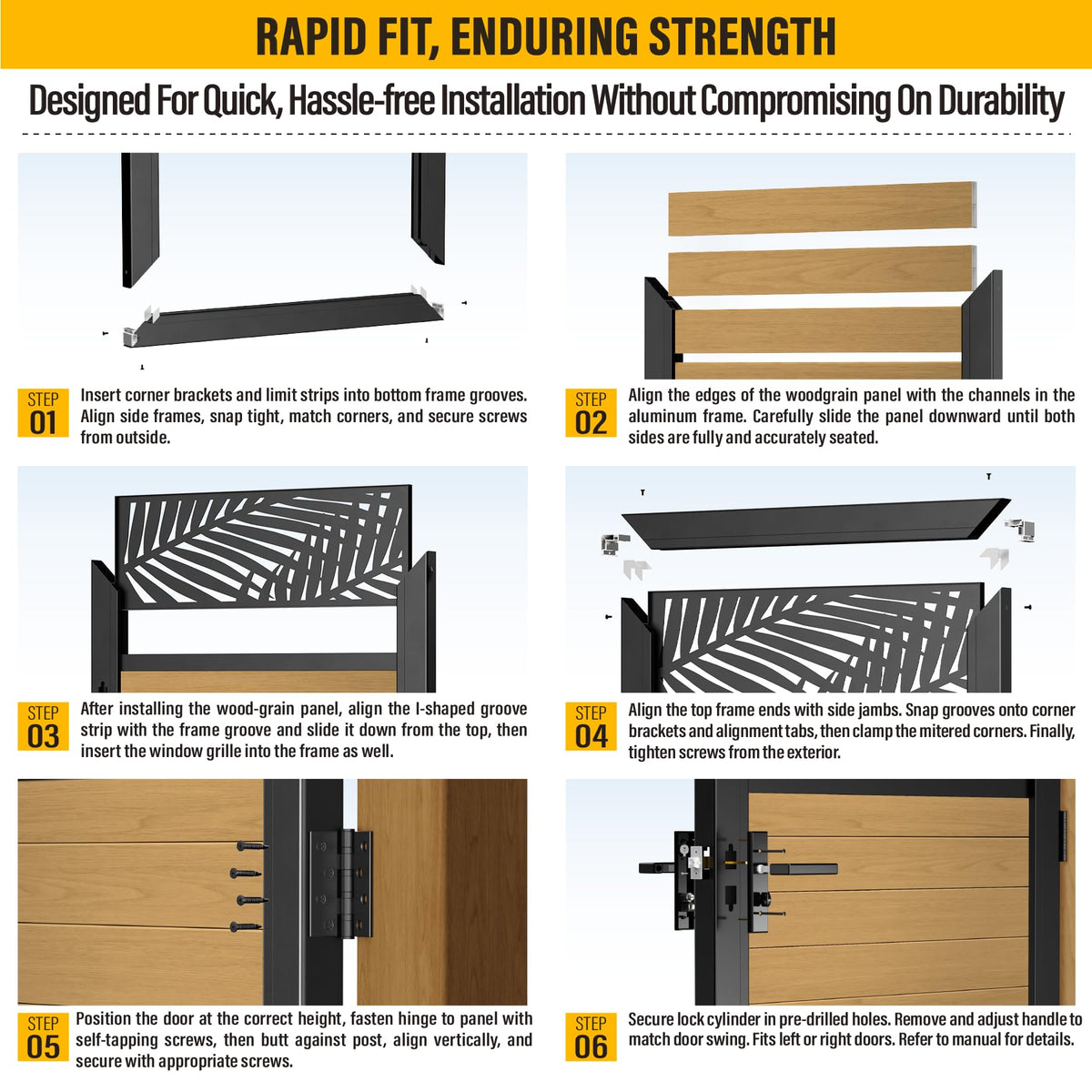 Brukid 3x5 FT Aluminum Fence Gate Kit Wood Grain Aluminum Gate with Decorative Cutout, Lock & Hinges, Left/Right Opening, Weather Resistant for Yard Garden Patio