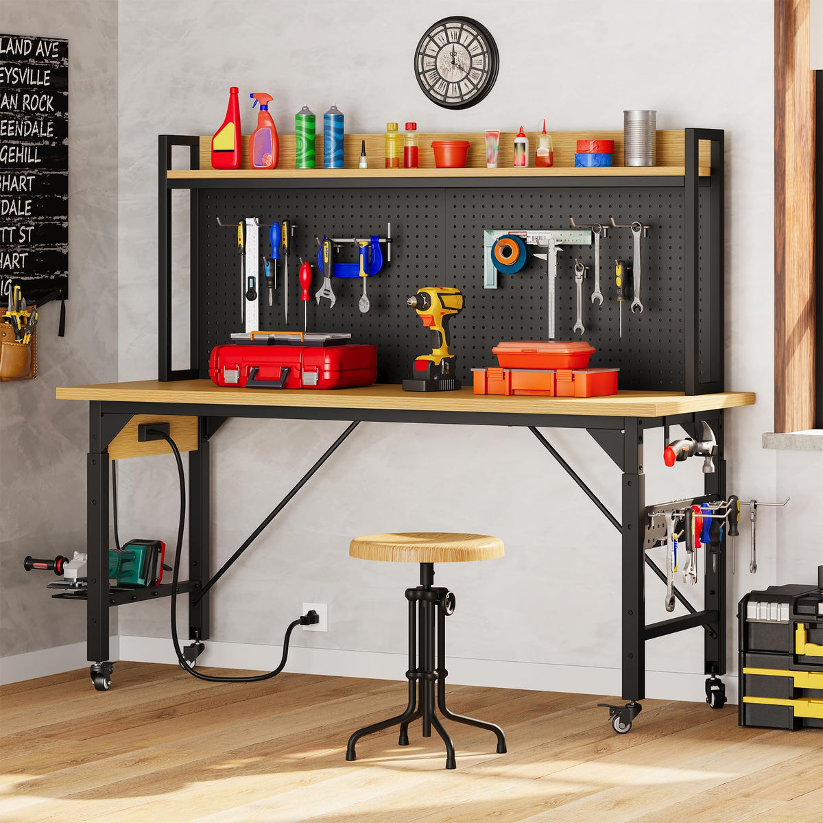 DWVO 60" Adjustable Workbench with Pegboard, Heavy Duty Wood Top Work Bench with Wheels, 1600 LBS Load Capacity, Rolling Work Table with AC/USB Outlet, Hooks, Rack for Garage, Workshop, Office, Home