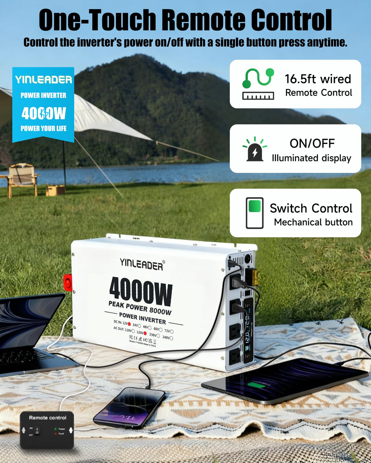 4000W Power Inverter 12V to 110V/120V, Solar Inverter Remote for RV Camping Off-Grid Solar Inverter Systems