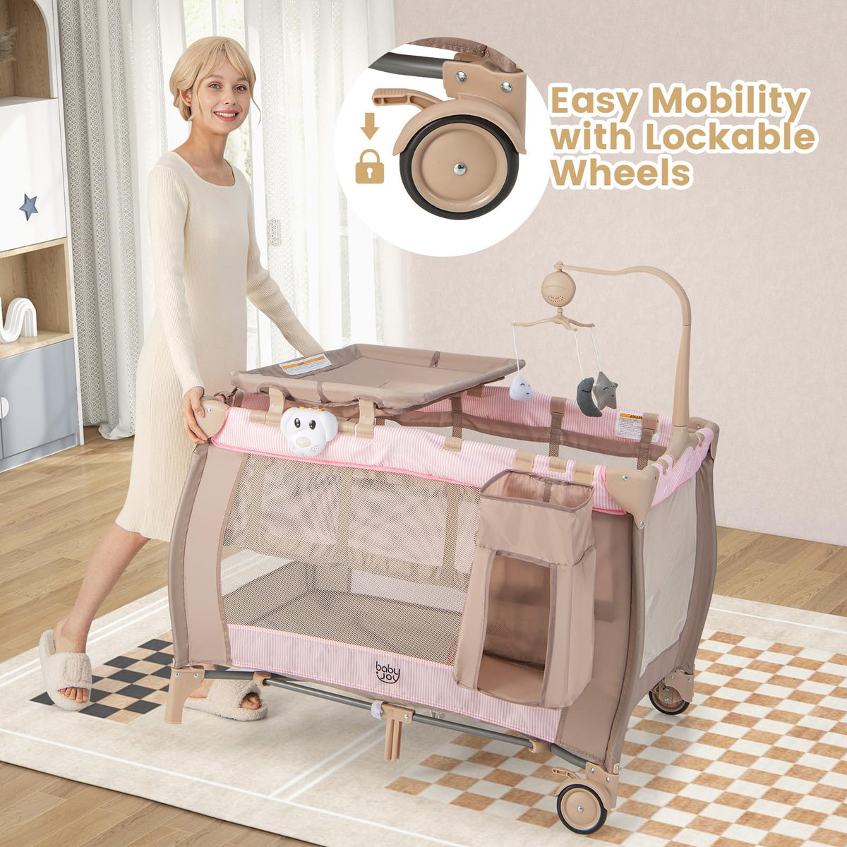 Costzon 3 in 1 Pink Pack and Play with Bassinet, Portable Baby Playard with Changing Table, Music Box, Hangings, Wheels/Brake, Basket, Foldable Infant Pink Bassinet Crib for Baby Girl Toddlers