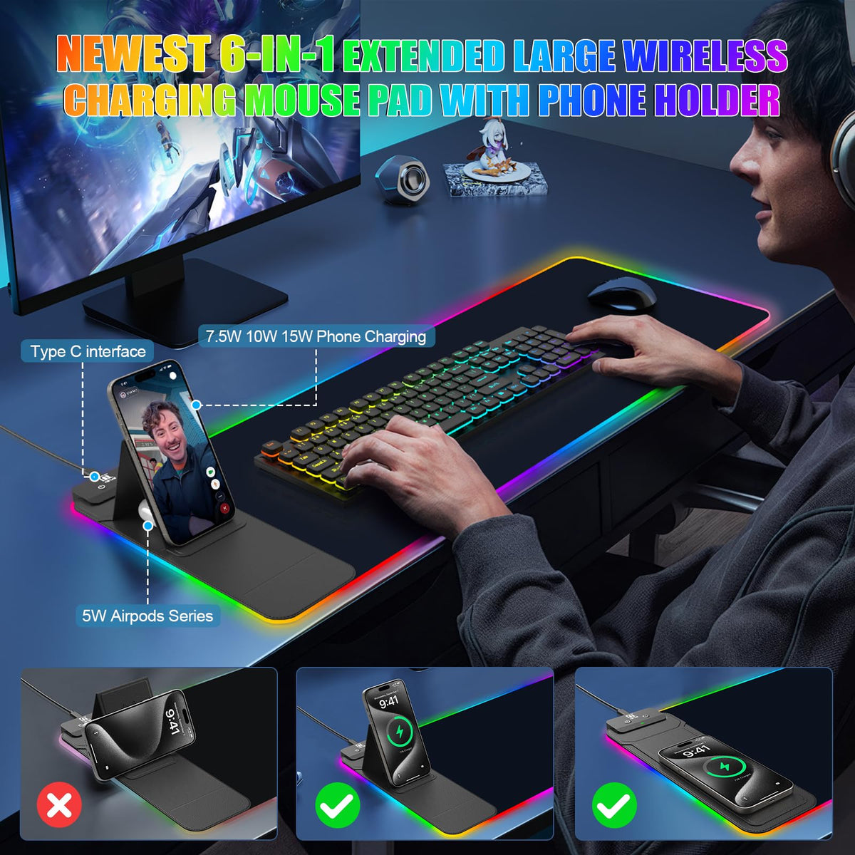 Mouse Pad with Foldable Phone Holder & Wireless Charger, XL RGB Gaming Mousepad 31.5"x11.8" Large Desk Mat for Keyboard, Home Desk Pad with Dual Qi Charging Station | 11 Colors & 5 Modes | Waterproof