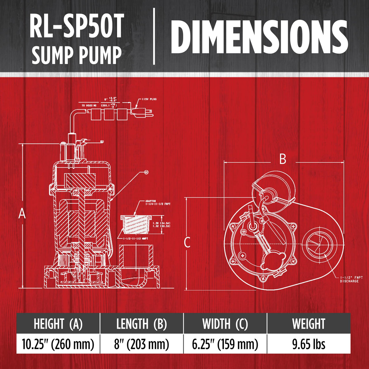 Red Lion RL-SP50T 115-Volt, 1/2 HP, 3600 GPH Aluminum and Thermoplastic Sump Pump with Tethered Switch and 8-Ft. Cord, Red, 14942742