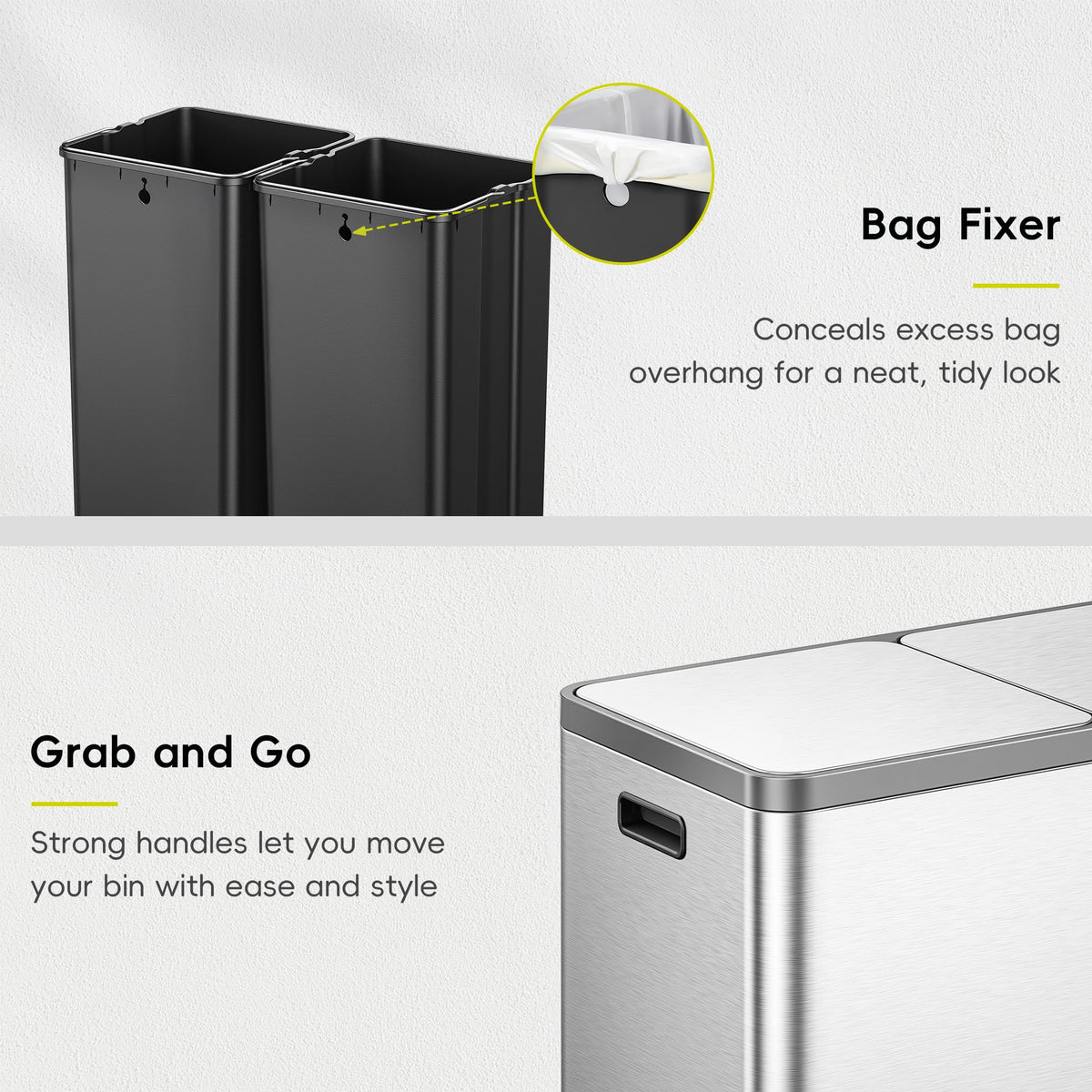 EKO EcoCasa Plus 2 x 10.6 Gal Dual Recycling Trash Can for Kitchen, Large Stainless Steel Step-On Garbage Can with Soft-Close Lids, Odor-Proof and Fingerprint-Resistant, Removable Buckets with Handles