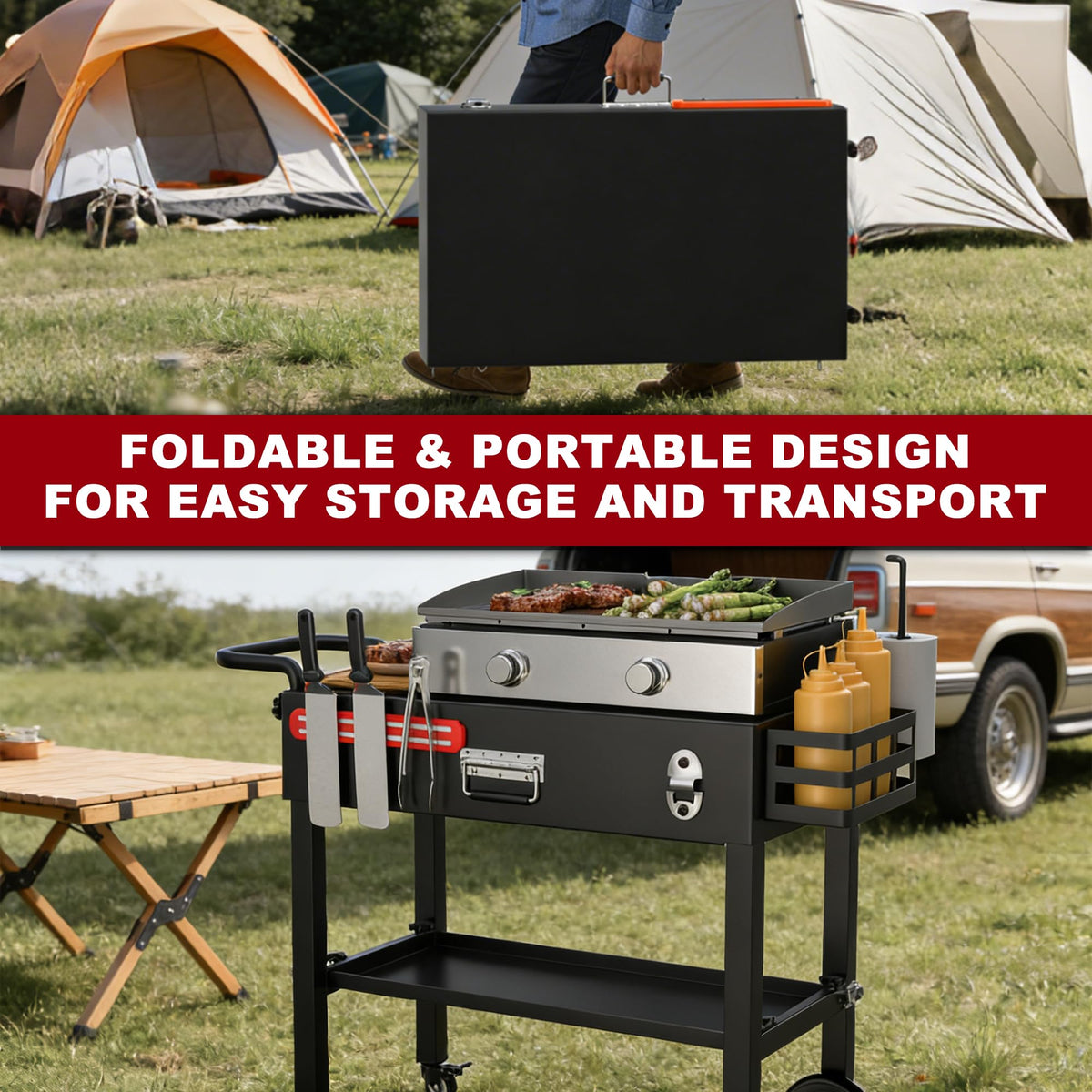 TAILGRILLER Portable Grill Table Outdoor Grill Stand for Blackstone 17"/22" Griddle,Ninja Grill,Foldable Ninja Grill Stand& Blackstone Griddle Stand for Outdoor Tailgating-Camping with Wheels