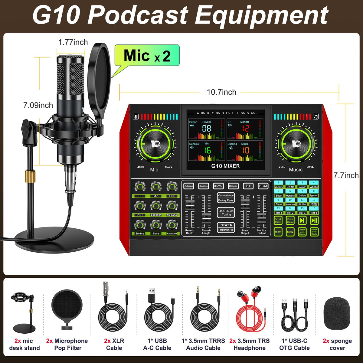 tenlamp G10 Dual Microphone Podcast Equipment Bundle with Live Sound Board Audio Mixer - Two Condenser Mics, Voice Changer, Noise Reduction, for PC/Phone Streaming, Gaming, Singing, Podcast