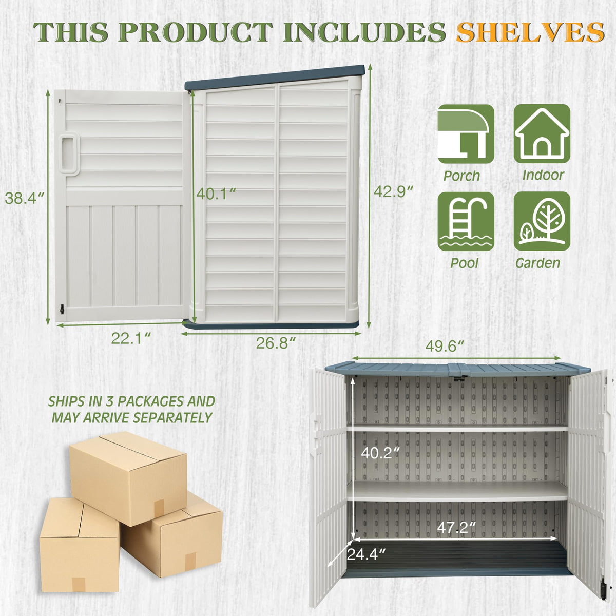 Greesum Outdoor Trash Can Storage Shed, 34 Cu.ft Waterproof Horizontal Storage Shed, Portable Horizontal Resin Storage Shed for Garden, Backyard, Patio, White