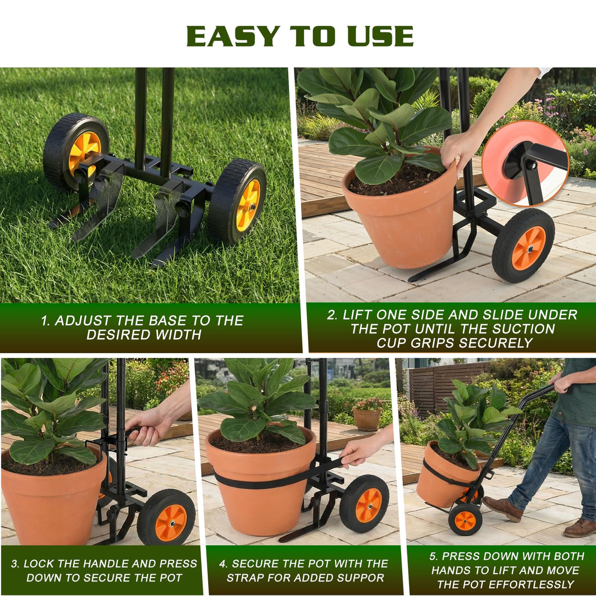 Housolution Plant Caddy with Wheels, Heavy Duty Plant Dolly for Big Pots, Plant Mover with Adjustable Grabbing Arm and Base, Trolley Cart for Seniors, Lawn, Patio, Backyard Gardening