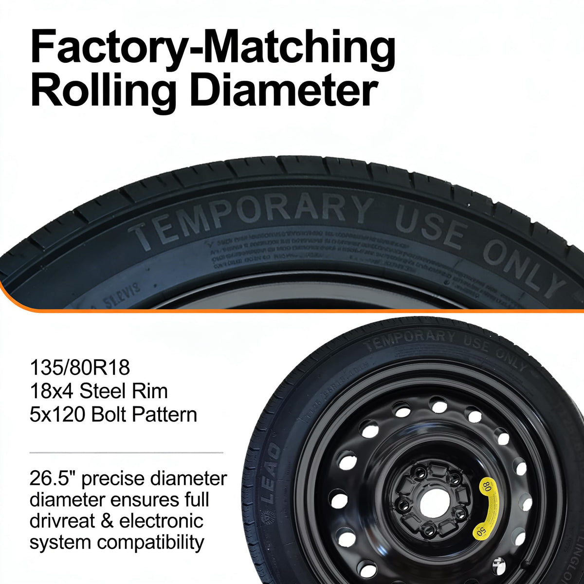 Afolonsh Spare Tire Kit Compatible with 2019-2026 Cadillac CT5 And CT5-V | 135/80R18 Spare Wheel on 18x4 Rim | 5x120 Bolt Pattern | 26.5" Rolling Diameter | Includes Car Jack Kit & Tire Carrying Case