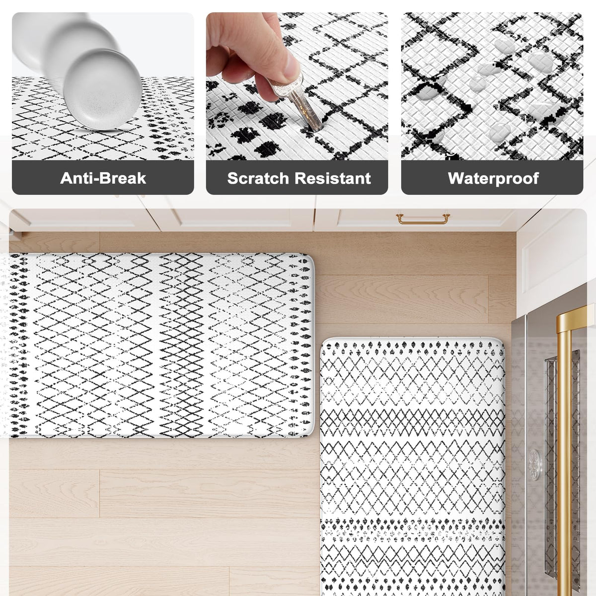 KIMODE Kitchen Mats 2PCS,Cushioned Anti Fatigue Kitchen Rugs and Mats,Non Skid Waterproof Kitchen Mats for Floor,Comfort Foam Standing Mat for Home Decor, Office,Sink,Laundry Room,Desk,Black and White