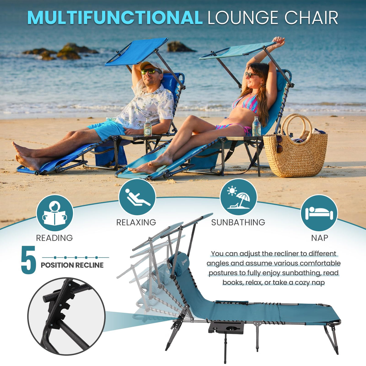 FUNDANGO Heavy Duty Tanning Chair with Face Hole & Canopy, 400lbs Beach Lounge Chair with Side Table, 5-Position Sun Lounger for Outdoor Patio Pool-Face Down Chaise with Anti-Pinch Safety Lock,Cyan