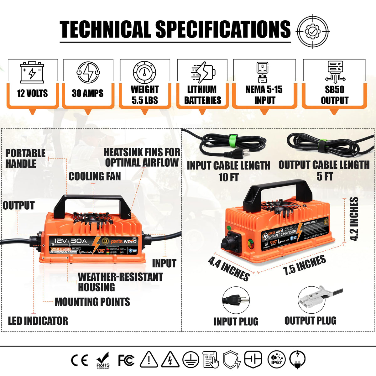 LithiumLogic™ 12V 30A LiFePO4 Charger with SB50 Anderson Plug, Accessory Wires & Temp Sensor; IP67 Waterproof with VoltRevive™ Recovery for carts, Boats, ATVs, Pallet Jacks, forklifts & scrubbers