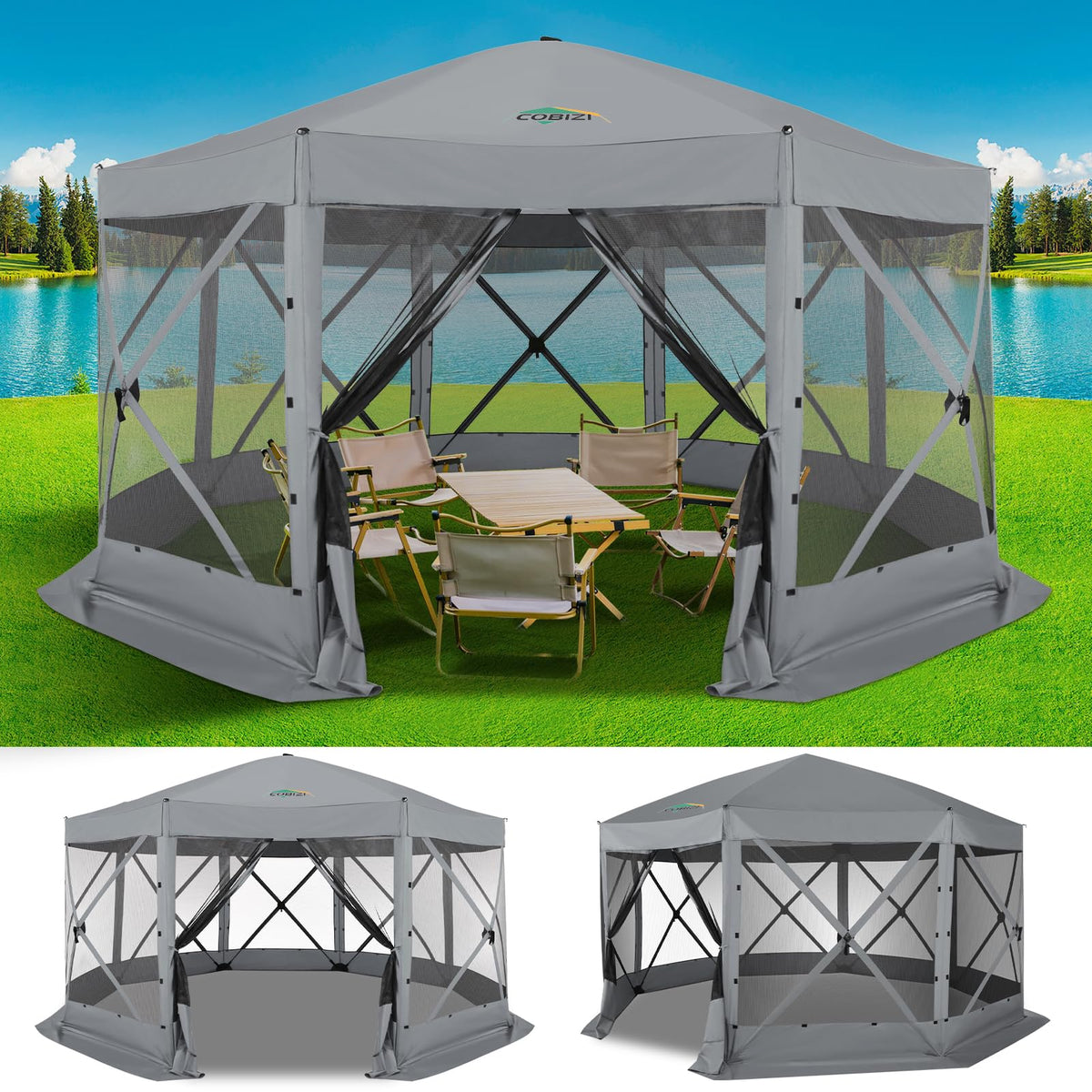COBIZI 15x15 FT Pop Up Gazebo - Canopy Tent, Large Gazebos On Clearance,Instant Screened in Gazebo,carpas para Patio,Portable Screen Tents for 12-15 Persons Outdoor Camping, Backyard,Gray