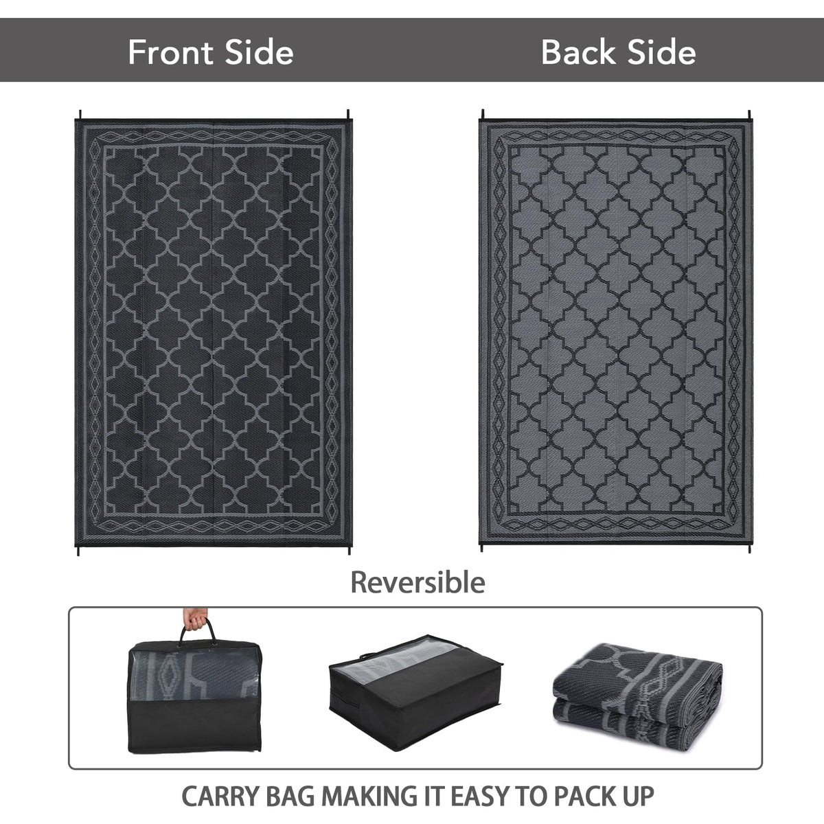 GlowSol Outdoor Rug 9x18 for Patios Waterproof Mat Outdoor Plastic Straw Rug Clearance, Reversible Carpet for Rv,Large Outside Carpet for Porch, Deck, Camper, Balcony, Backyard, Picnic,Black Grey