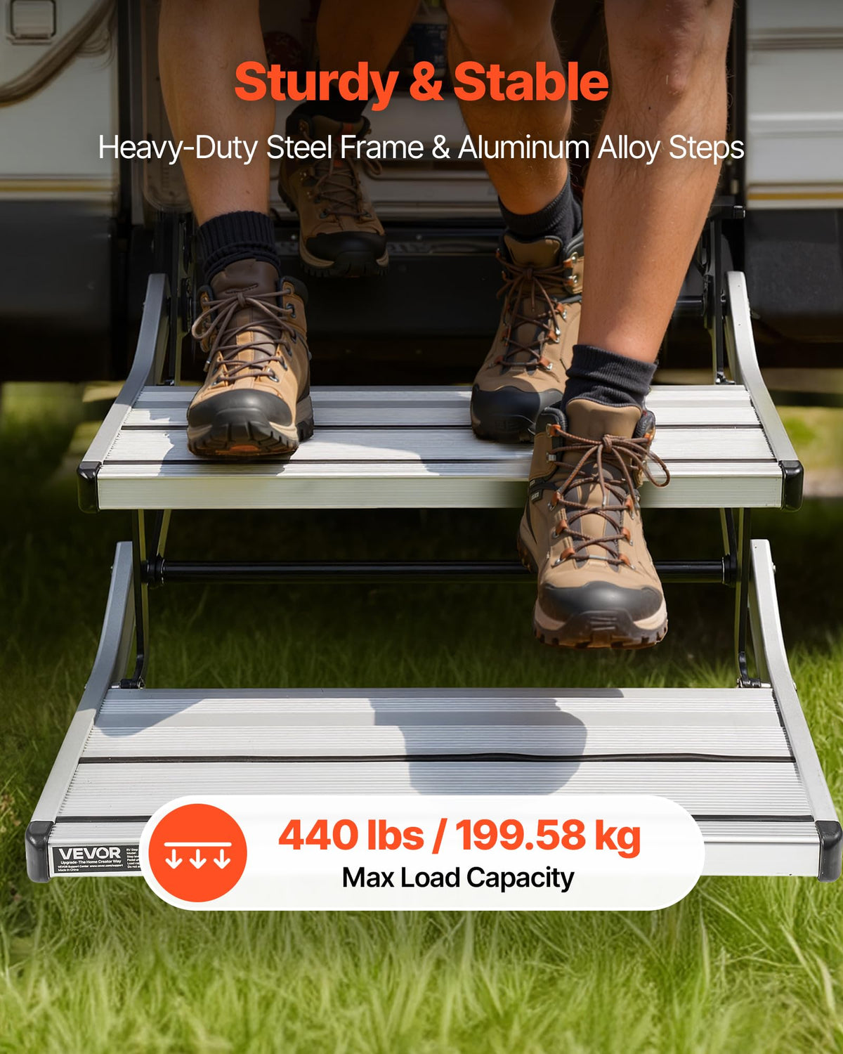 VEVOR RV Steps, 2-Step, 440 lbs Load Capacity, Electric Retractable RV Stairs, Telescopic Folding Aluminum Alloy Camper Steps, Steel Frame Non-Slip Entry Stair for Camper Van Motorhome Travel Trailer