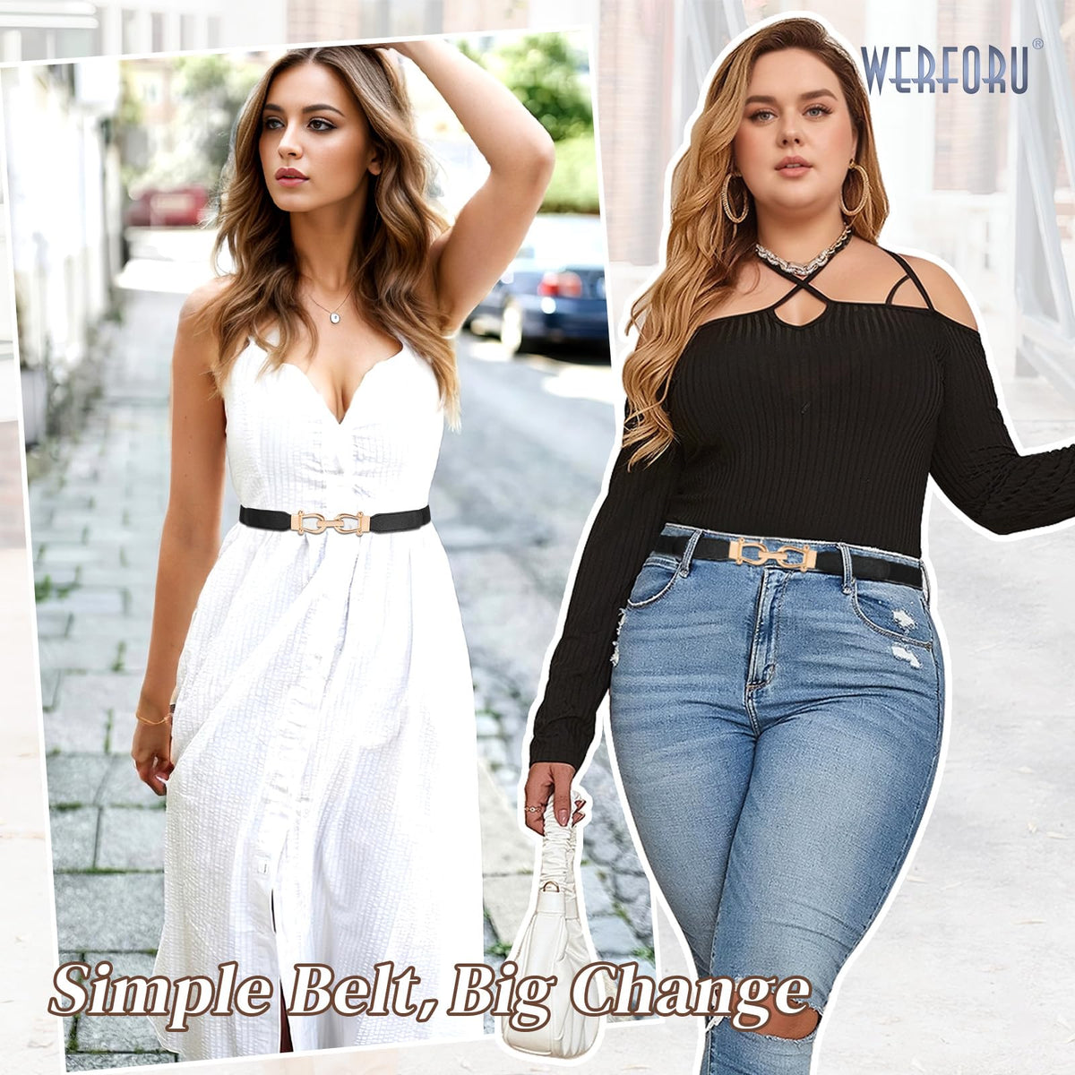 WERFORU 3 Pack Women Ladies Skinny Elastic Waist Belt Gold Buckle Stretchy Thin Belt for Dress Jeans,Black+Brown+Beige