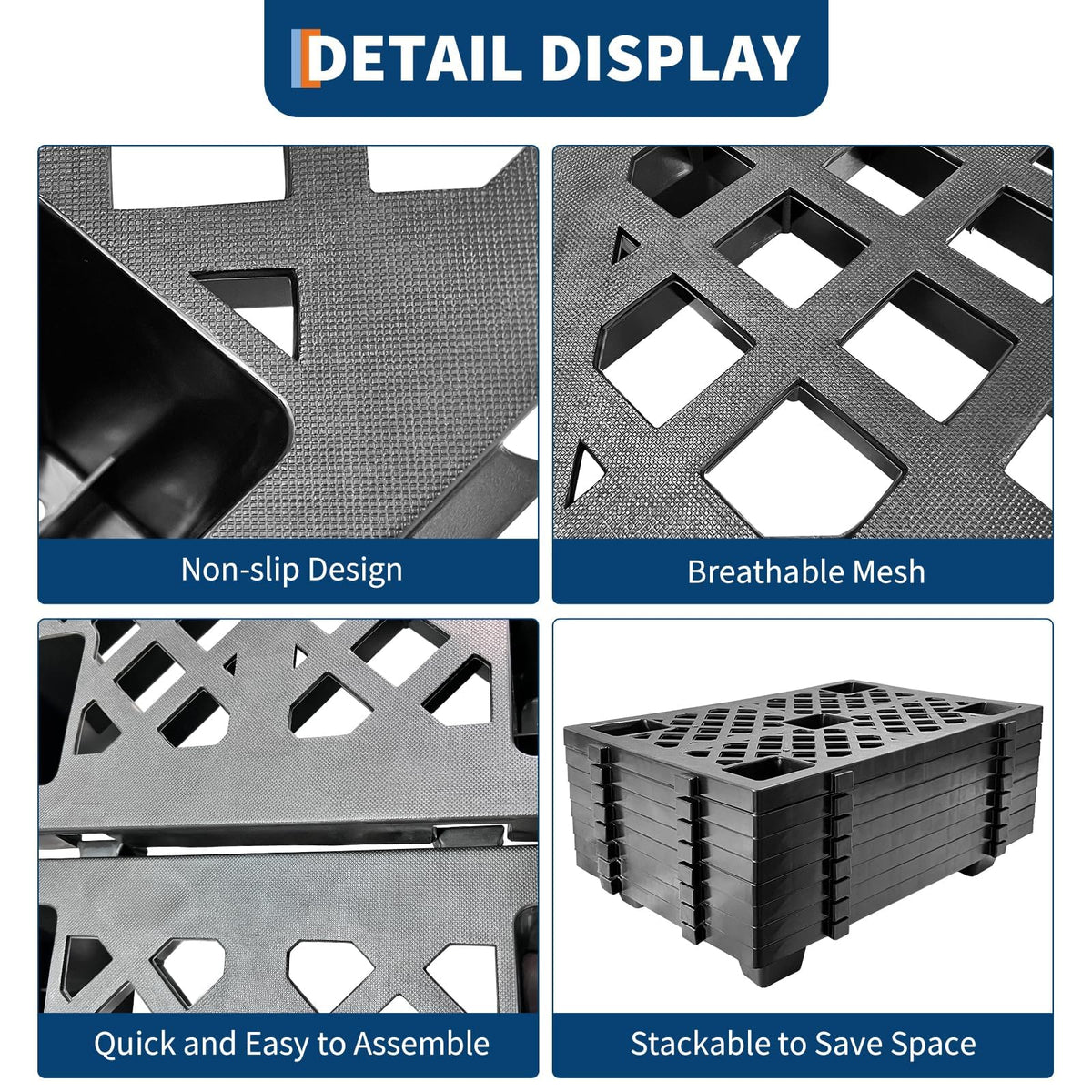GarveeTech 8 Pcs Plastic Pallet, Modular Stackable Ventilation Pallet, 2200lbs Capacity Heavy-Duty Forkliftable Tray for Garage, Workshop, Easy to Clean, 23.6"l x 15.7"w x 3.9"h