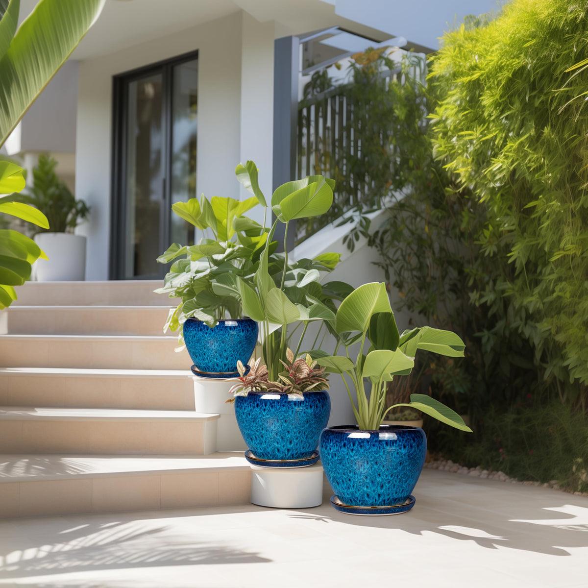 EPFamily Ceramic Plant Pots Indoor, 10 Inch 8 Inch 6 Inch Round Planters Pots for Indoor Outdoor Plants, Modern Large Flower Pots with Drainage Holes and Saucers, Set of 3, Blue
