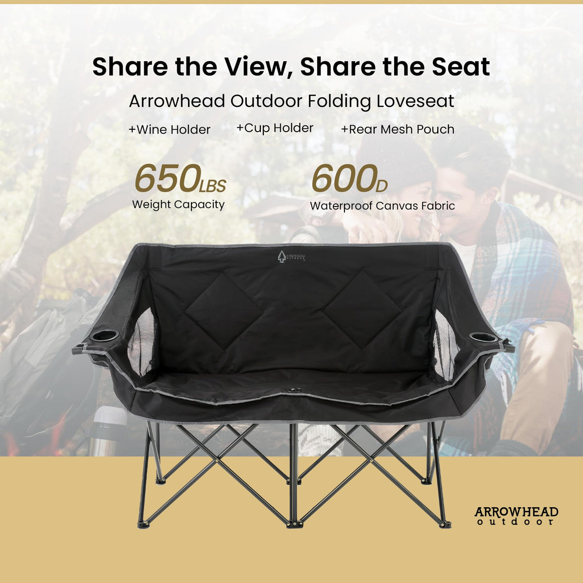 ARROWHEAD OUTDOOR 2-Pack Portable Folding Camp Loveseat Chair w/Glass & Cup Holders, Heavy Duty Carry Bag, 650 lbs Weight Capacity