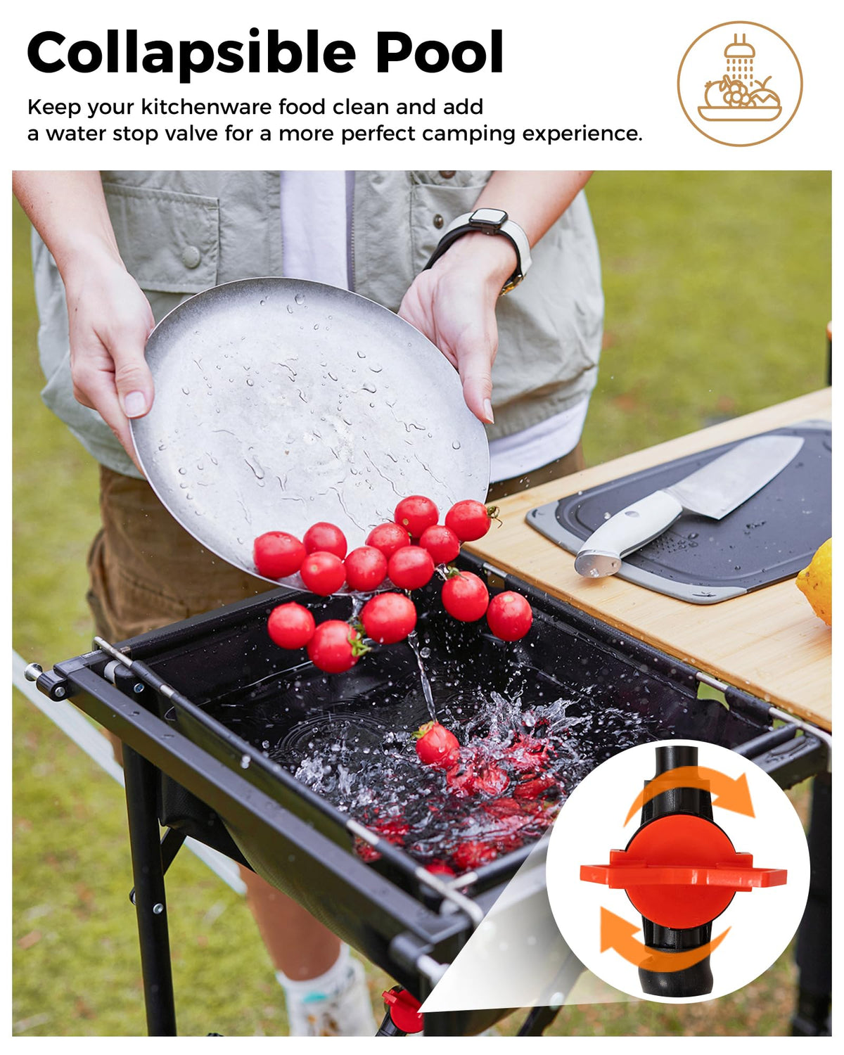 KingCamp Bamboo Camp Kitchen Table, Slide-Out Overland Table with 400L Storage, Portable Outdoor Prep Station with Sink, Windscreen & Lantern Pole for RV, Tailgating, BBQ